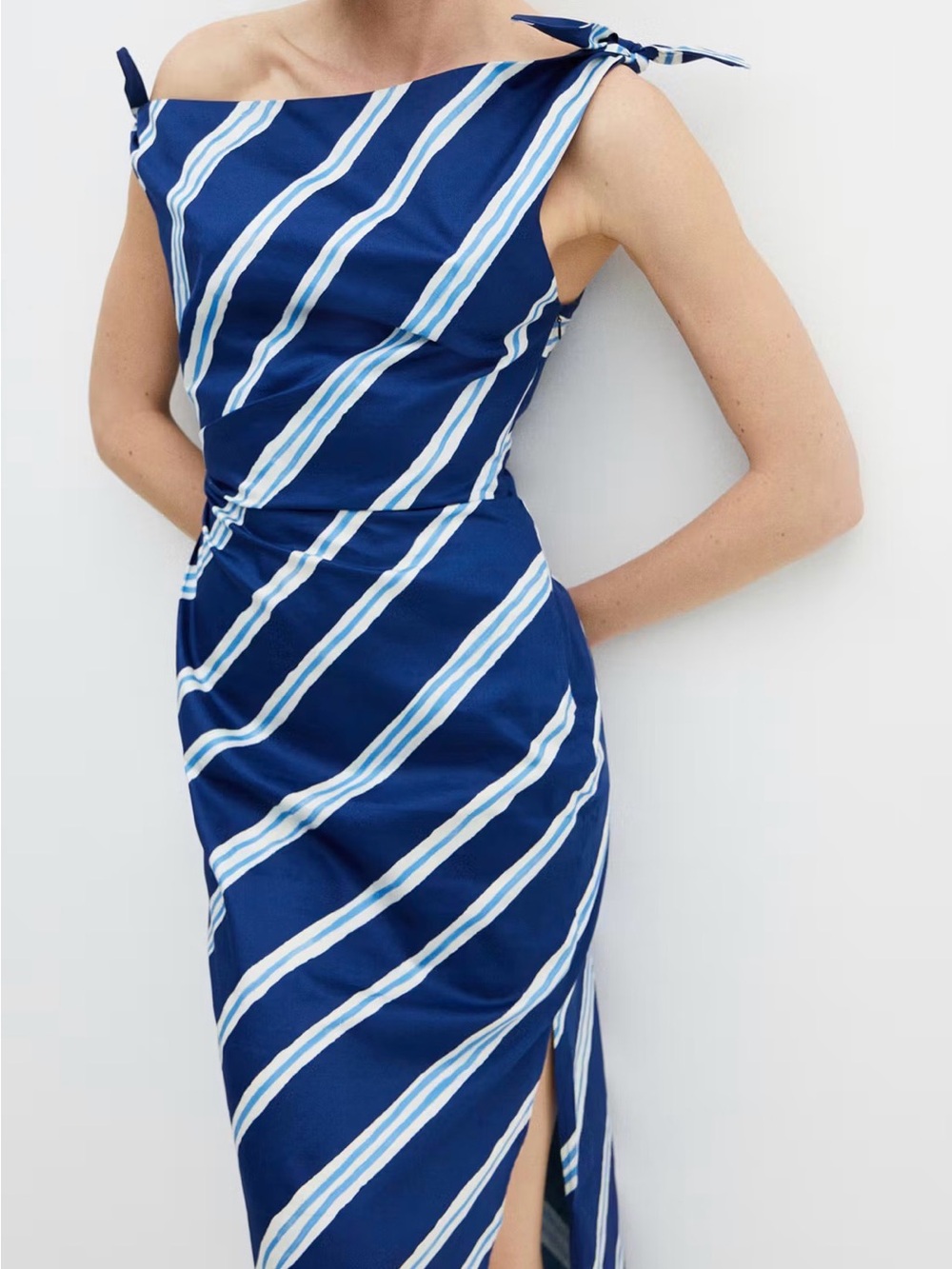Mango Navy and White Diagonal Stripe One-Shoulder Dress